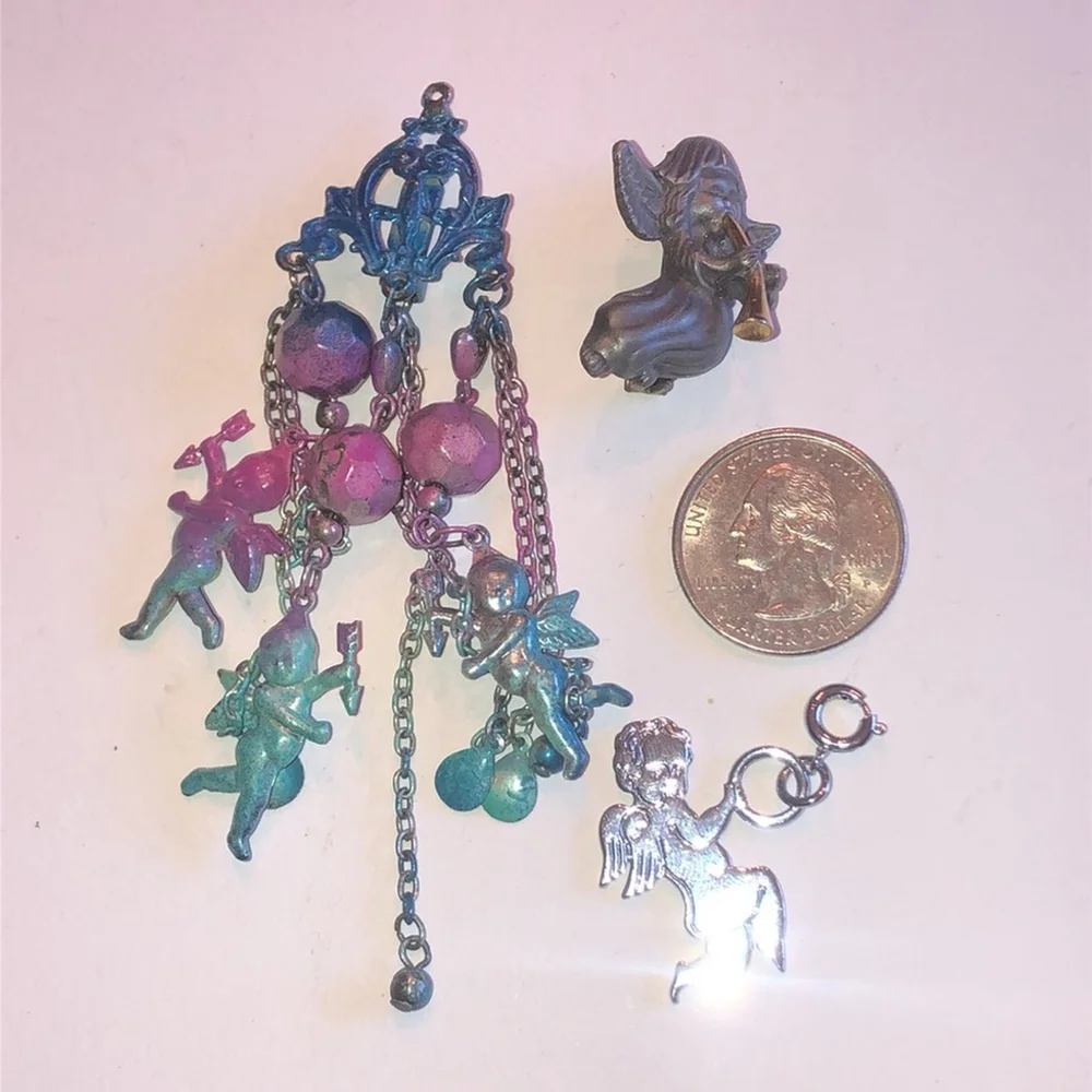 Angel Pins & Charm Colorful Boho Brooch Pewter Shoulder Pin Silver Tone Charm